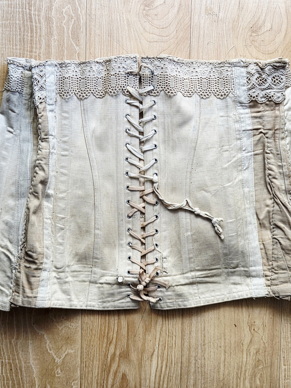 Antique French Eyelet Lace-Trim Corset In Ivory Cotton Coutil